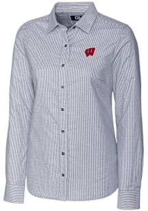 Cutter and Buck Wisconsin Badgers Womens Stretch Oxford Stripe Long Sleeve Charcoal Dress Shirt