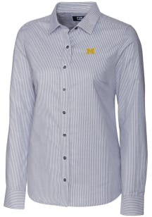 Cutter and Buck Michigan Wolverines Womens Stretch Oxford Stripe Long Sleeve Charcoal Dress Shirt