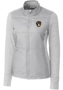 Cutter and Buck Milwaukee Brewers Womens Grey Stealth Hybrid Quilted Medium Weight Jacket