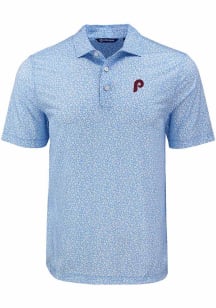 Cutter and Buck Philadelphia Phillies Mens Light Blue Flora Print Short Sleeve Polo