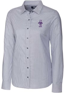 Cutter and Buck K-State Wildcats Womens Vault Stretch Oxford Stripe Long Sleeve Charcoal Dress S..