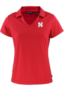 Womens Nebraska Cornhuskers Red Cutter and Buck Daybreak V Neck Short Sleeve Polo Shirt
