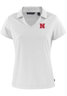 Womens Nebraska Cornhuskers White Cutter and Buck Daybreak V Neck Short Sleeve Polo Shirt