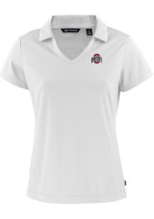 Womens Ohio State Buckeyes White Cutter and Buck Solid Daybreak V Neck Short Sleeve Polo Shirt