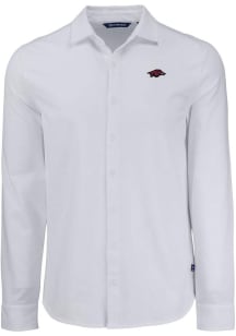 Cutter and Buck Arkansas Razorbacks Mens White Advantage Soft Pique Long Sleeve Dress Shirt
