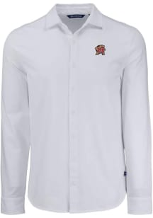 Mens Maryland Terrapins White Cutter and Buck Advantage Soft Pique Long Sleeve Dress Shirt