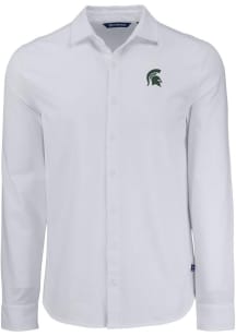 Mens Michigan State Spartans White Cutter and Buck Advantage Soft Pique Long Sleeve Dress Shirt