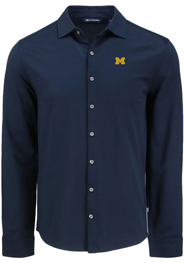 michigan dress shirt Cutter & Buck Michigan Wolverines Advantage Eco Tri-Blend Pique Mens Long Sleeve Knitted Button Up Shirt in Liberty Navy