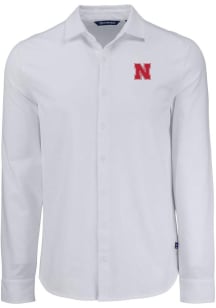 Mens Nebraska Cornhuskers White Cutter and Buck Advantage Soft Pique Long Sleeve Dress Shirt