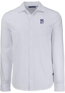 Mens Northwestern Wildcats White Cutter and Buck Advantage Soft Pique Long Sleeve Dress Shirt