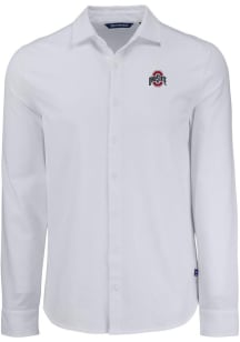 Mens Ohio State Buckeyes White Cutter and Buck Advantage Soft Pique Long Sleeve Dress Shirt