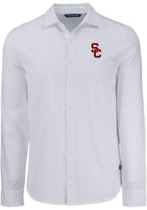 Mens USC Trojans White Cutter and Buck Advantage Soft Pique Long Sleeve Dress Shirt