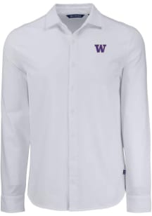 Mens Washington Huskies White Cutter and Buck Advantage Soft Pique Long Sleeve Dress Shirt