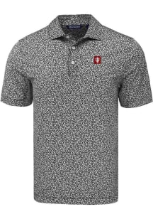 Mens Indiana Hoosiers Black Cutter and Buck Pike Flora Short Sleeve Polo Shirt