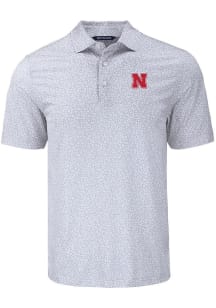 Mens Nebraska Cornhuskers Grey Cutter and Buck Pike Flora Short Sleeve Polo Shirt