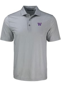 Mens Washington Huskies Grey Cutter and Buck Pike Shadow Check Short Sleeve Polo Shirt