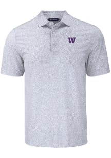 Mens Washington Huskies Grey Cutter and Buck Pike Flora Short Sleeve Polo Shirt