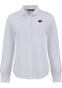 Cutter and Buck Arkansas Razorbacks Womens Advantage Soft Pique Long Sleeve White Dress Shirt