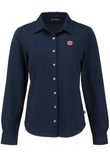 Cutter and Buck Auburn Tigers Womens Advantage Soft Pique Long Sleeve Navy Blue Dress Shirt