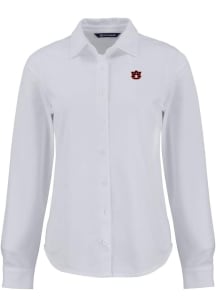 Cutter and Buck Auburn Tigers Womens Advantage Soft Pique Long Sleeve White Dress Shirt