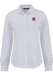 Womens Maryland Terrapins White Cutter and Buck Advantage Soft Pique Long Sleeve Dress Shirt