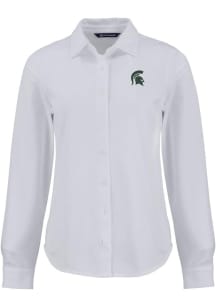 Womens Michigan State Spartans White Cutter and Buck Advantage Soft Pique Long Sleeve Dress Shir..