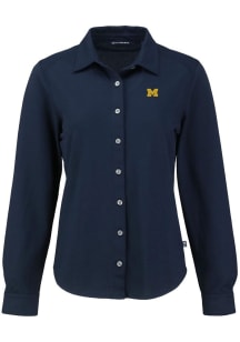 Womens Michigan Wolverines Navy Blue Cutter and Buck Advantage Soft Pique Long Sleeve Dress Shir..