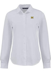 Womens Michigan Wolverines White Cutter and Buck Advantage Soft Pique Long Sleeve Dress Shirt