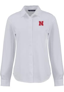 Womens Nebraska Cornhuskers White Cutter and Buck Advantage Soft Pique Long Sleeve Dress Shirt