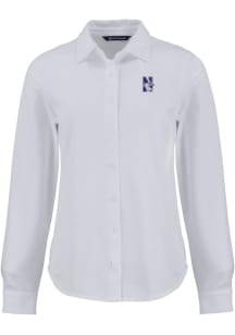 Womens Northwestern Wildcats White Cutter and Buck Advantage Soft Pique Long Sleeve Dress Shirt