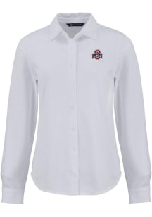 Womens Ohio State Buckeyes White Cutter and Buck Advantage Soft Pique Long Sleeve Dress Shirt