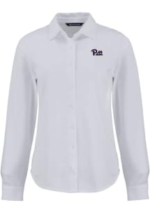 Womens Pitt Panthers White Cutter and Buck Advantage Soft Pique Long Sleeve Dress Shirt