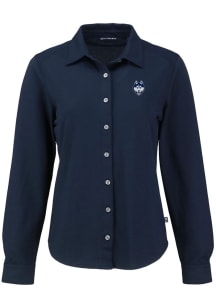 Cutter and Buck UConn Huskies Womens Advantage Soft Pique Long Sleeve Navy Blue Dress Shirt