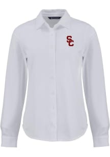 Womens USC Trojans White Cutter and Buck Advantage Soft Pique Long Sleeve Dress Shirt