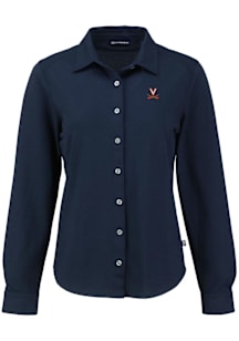 Cutter and Buck Virginia Cavaliers Womens Advantage Soft Pique Long Sleeve Navy Blue Dress Shirt