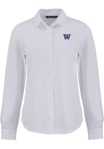 Womens Washington Huskies White Cutter and Buck Advantage Soft Pique Long Sleeve Dress Shirt