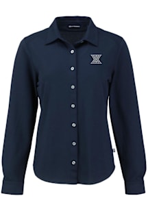Cutter and Buck Xavier Musketeers Womens Advantage Soft Pique Long Sleeve Navy Blue Dress Shirt