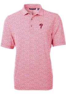Cutter and Buck Philadelphia Phillies Mens Red Virtue Eco Pique Botanical Short Sleeve Polo