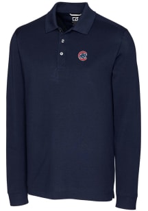 Cutter and Buck Chicago Cubs Mens Navy Blue Advantage Pique Long Sleeve Polo Shirt