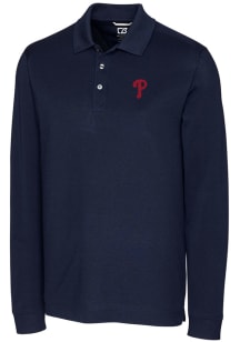 Cutter and Buck Philadelphia Phillies Mens Navy Blue Advantage Pique Long Sleeve Polo Shirt