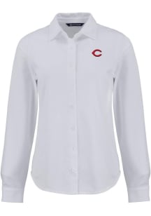 Cutter and Buck Cincinnati Reds Womens Advantage Soft Pique Long Sleeve White Dress Shirt