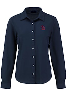 Cutter and Buck St Louis Cardinals Womens Advantage Soft Pique Long Sleeve Navy Blue Dress Shirt
