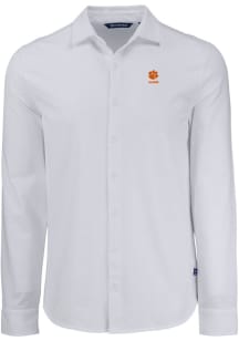 Cutter and Buck Clemson Tigers Mens White Alumni Advantage Soft Pique Long Sleeve Dress Shirt