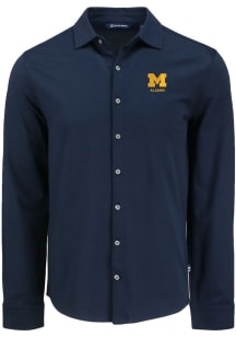 Mens Michigan Wolverines Navy Blue Cutter and Buck Alumni Advantage Soft Pique Long Sleeve Dress..