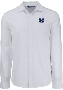 Mens Michigan Wolverines White Cutter and Buck Alumni Advantage Soft Pique Long Sleeve Dress Shi..