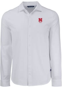 Mens Nebraska Cornhuskers White Cutter and Buck Alumni Advantage Soft Pique Long Sleeve Dress Sh..