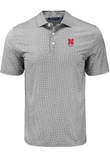 Mens Nebraska Cornhuskers Black Cutter and Buck Alumni Pike Diamond Dot Short Sleeve Polo Shirt