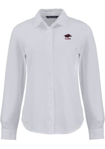 Cutter and Buck Arkansas Razorbacks Womens Alumni Advantage Soft Pique Long Sleeve White Dress Shi..