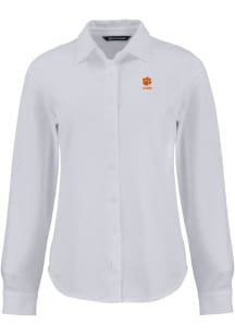 Cutter and Buck Clemson Tigers Womens Alumni Advantage Soft Pique Long Sleeve White Dress Shirt
