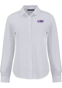 Cutter and Buck LSU Tigers Womens Alumni Advantage Soft Pique Long Sleeve White Dress Shirt